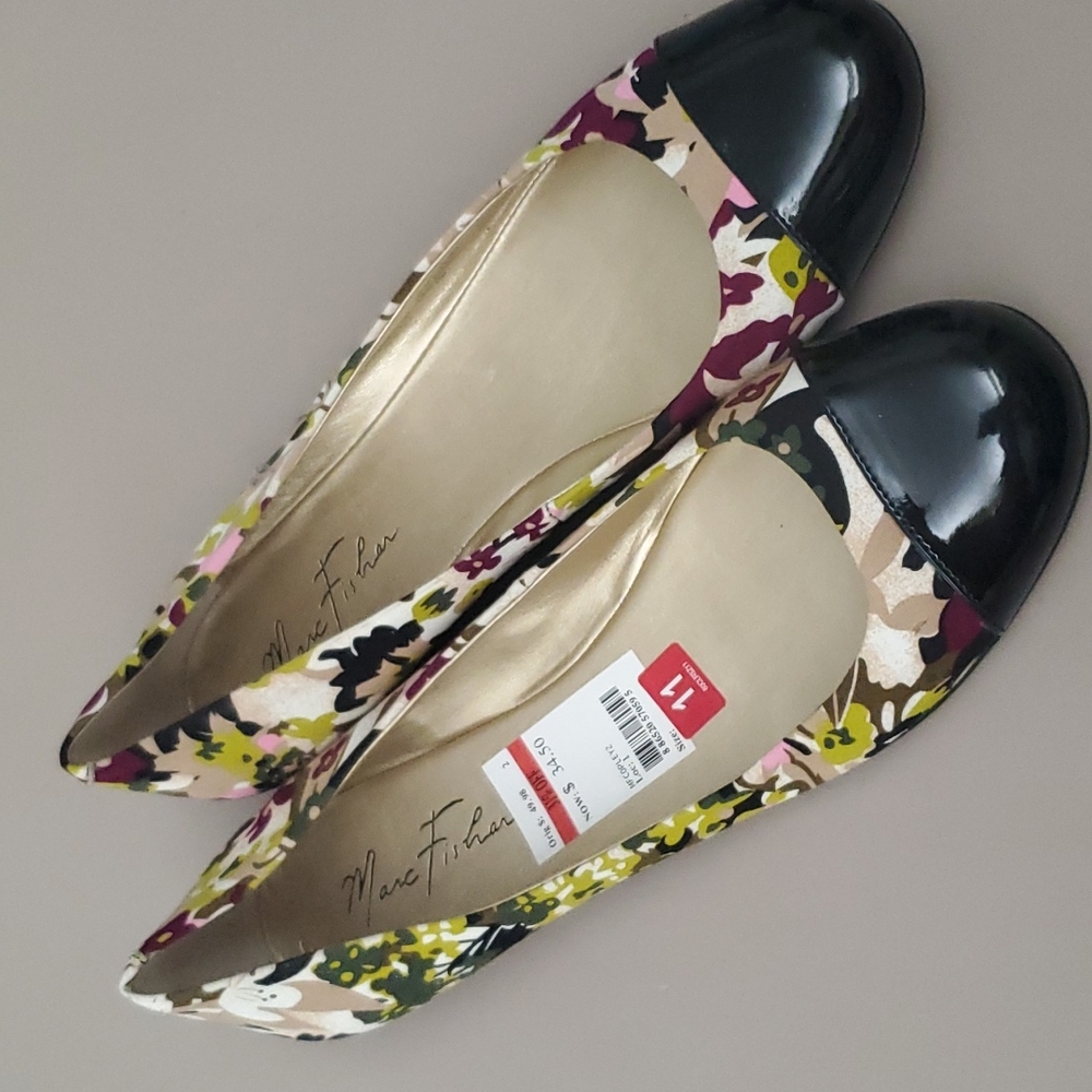 Marc Fisher Floral Multicolor Cap-Toe Flats - Black Cap
